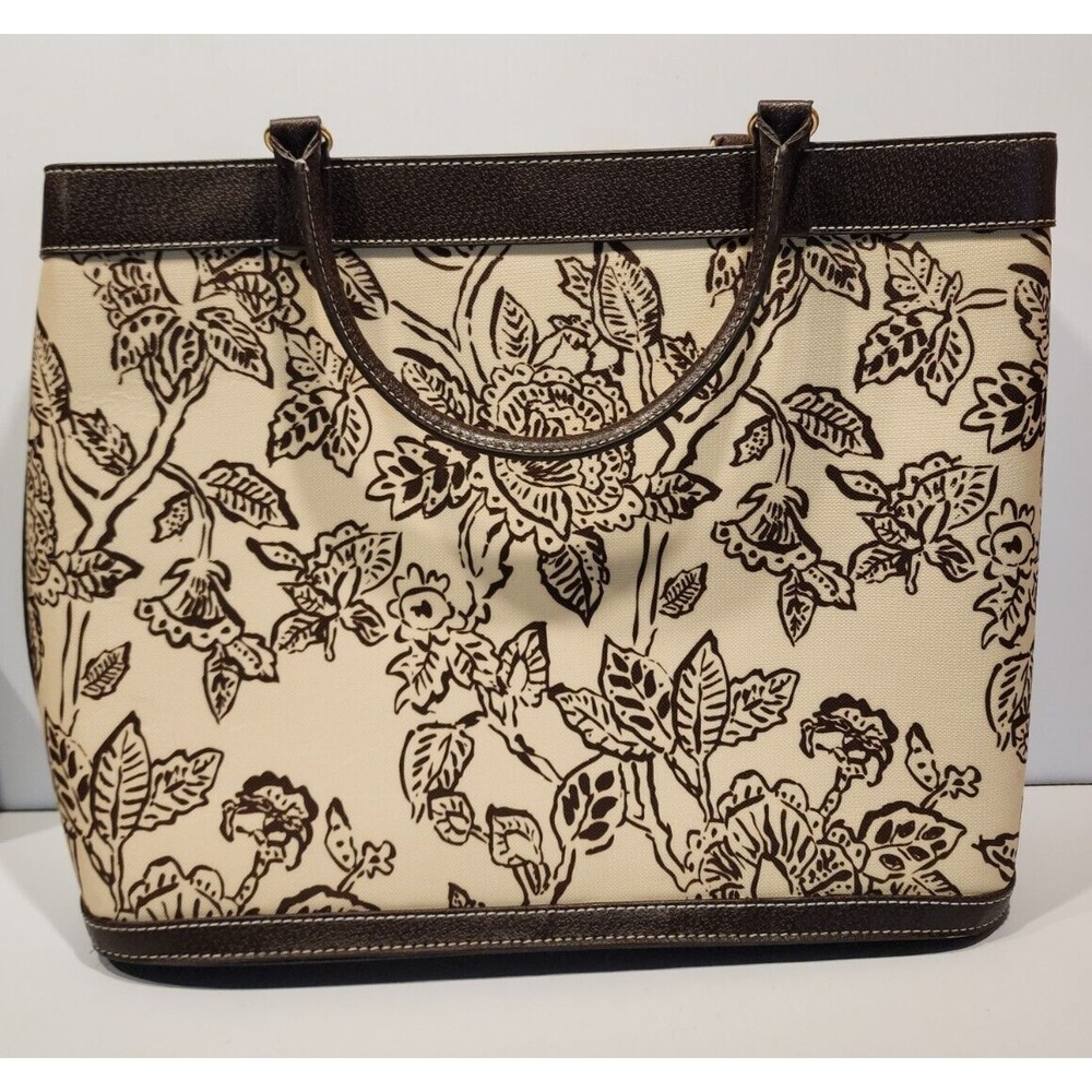 Estee Lauder Floral Handbag Tote ‎ 15x12x5   Brown/Tan/Brown Faux Leather Trim